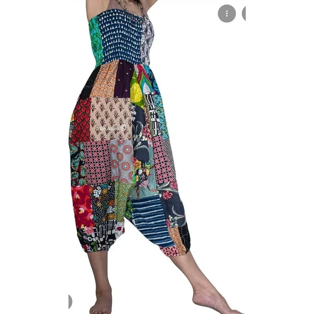 Tribe Azure Patchwork Harem Jumpsuit Pants L/XL Fair Trade Boho Festival Romper